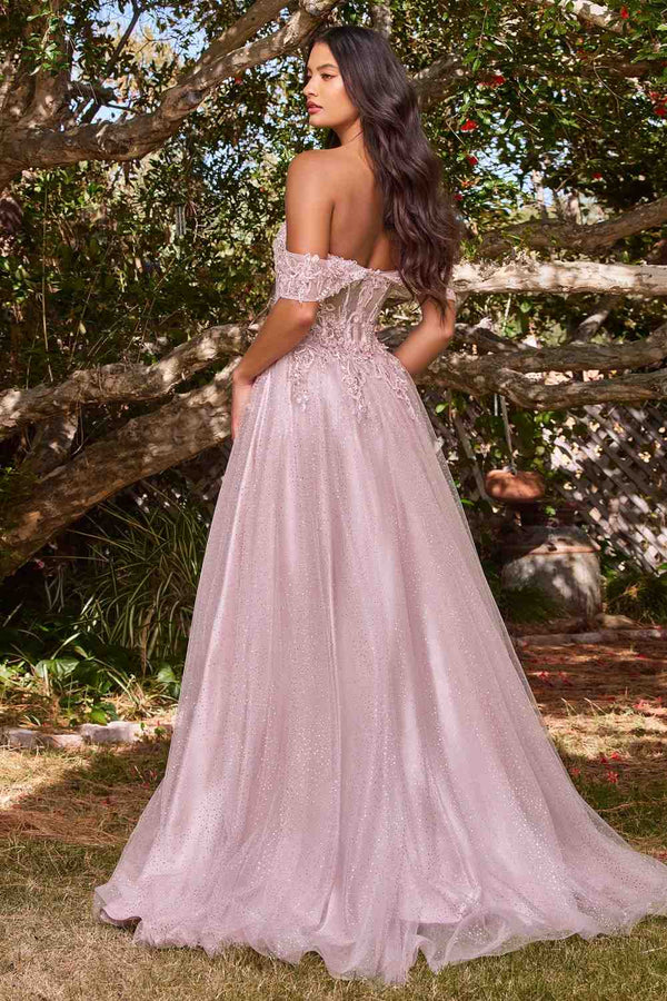 Cinderella Divine CD0198 Long Lace A-Line Gown with Off the Shoulder Sleeves - Glamourous Grace