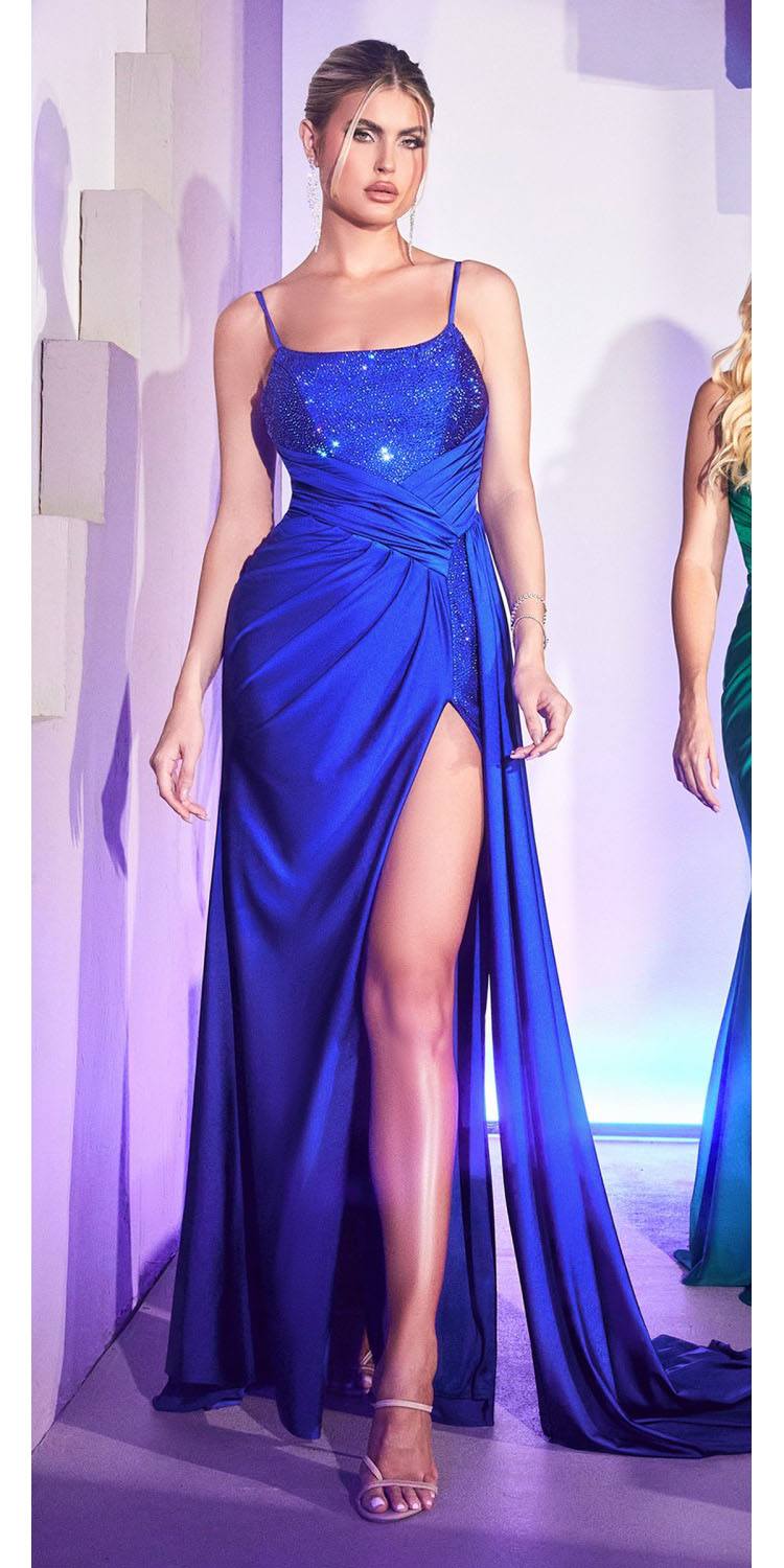 Cinderella Divine CD0201 Long Hot Stone Draped Gown with Slit - Glamourous Grace