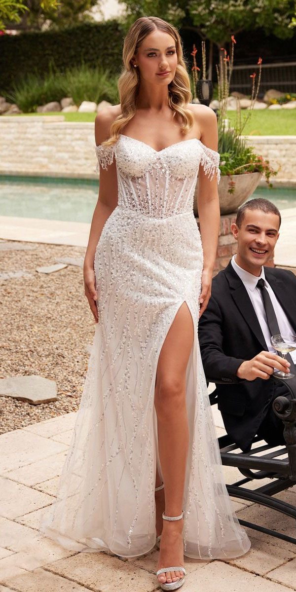 Ladivine CD0203W Long Off the Shoulder Sequin Wedding Gown with Slit - Glamourous Grace
