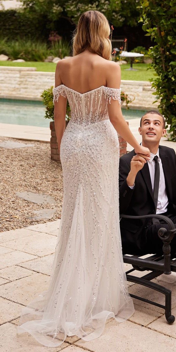 Ladivine CD0203W Long Off the Shoulder Sequin Wedding Gown with Slit - Glamourous Grace