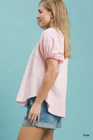 Umgee Checker Puff Sleeve Button Front Blouse - Glamourous Grace