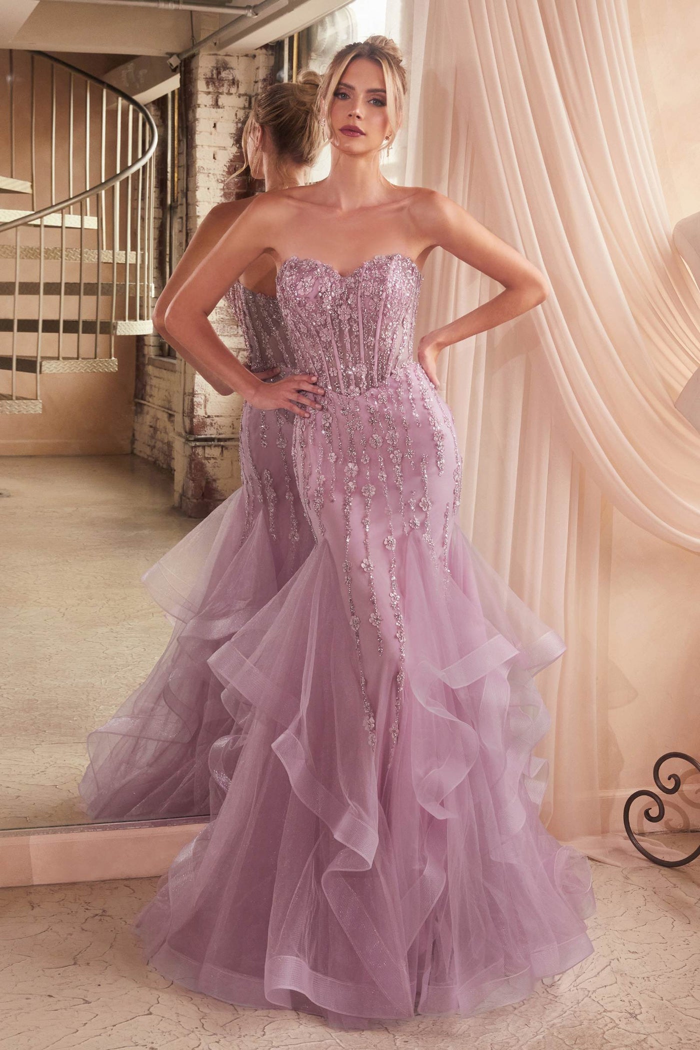Ladivine CD332 Long Layered Tulle Tiered Mermaid Gown Sheer Boned Bodice - Glamourous Grace