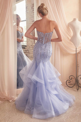 Ladivine CD332 Long Layered Tulle Tiered Mermaid Gown Sheer Boned Bodice