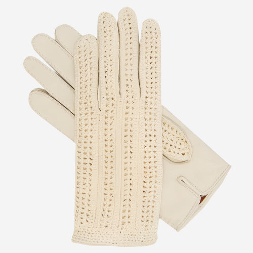 CD4020 (cream) - Women’s Italian crochet and leather driving gloves - Glamourous Grace