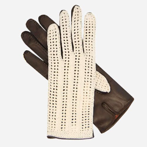 CD4020 (dark brown) - Women’s Italian crochet and leather driving gloves - Glamourous Grace