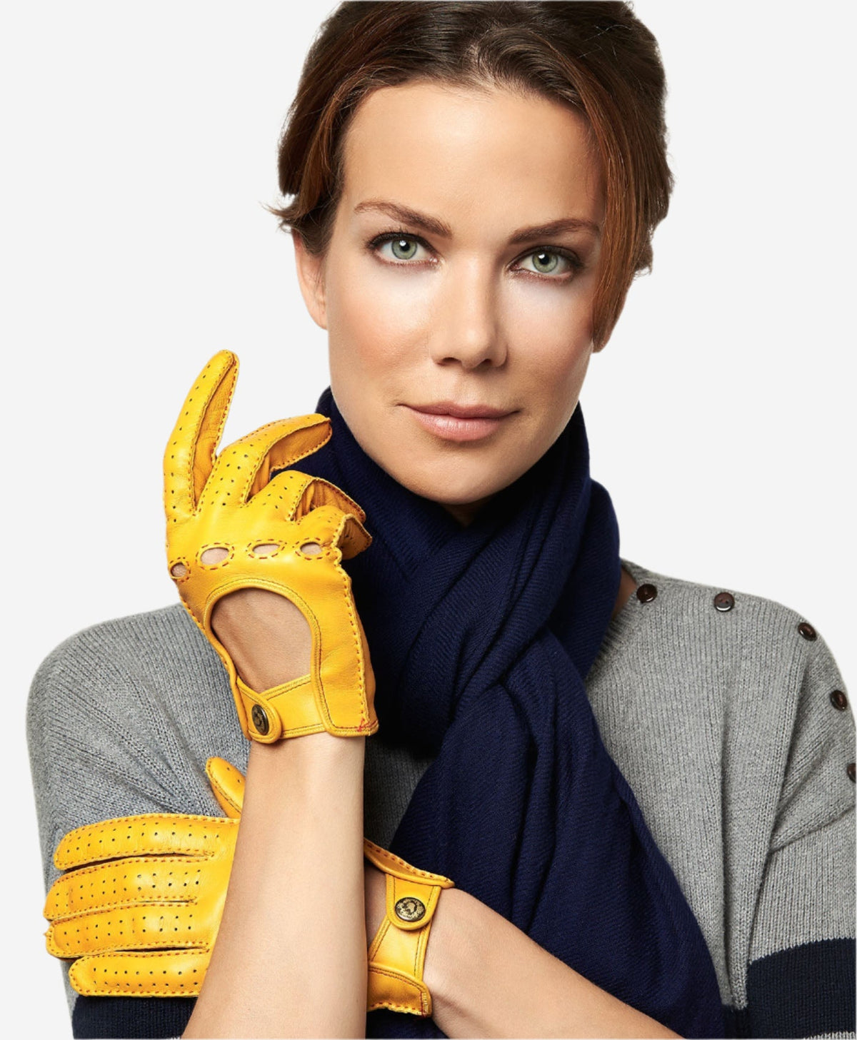 CD4266 (yellow) - Women’s Italian leather driving gloves with contrast stitching - Glamourous Grace