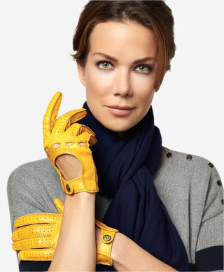 CD4266 (yellow) - Women’s Italian leather driving gloves with contrast stitching - Glamourous Grace