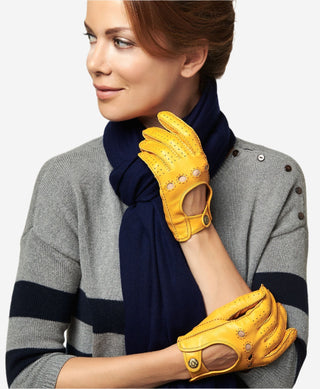 CD4266 (yellow) - Women’s Italian leather driving gloves with contrast stitching - Glamourous Grace