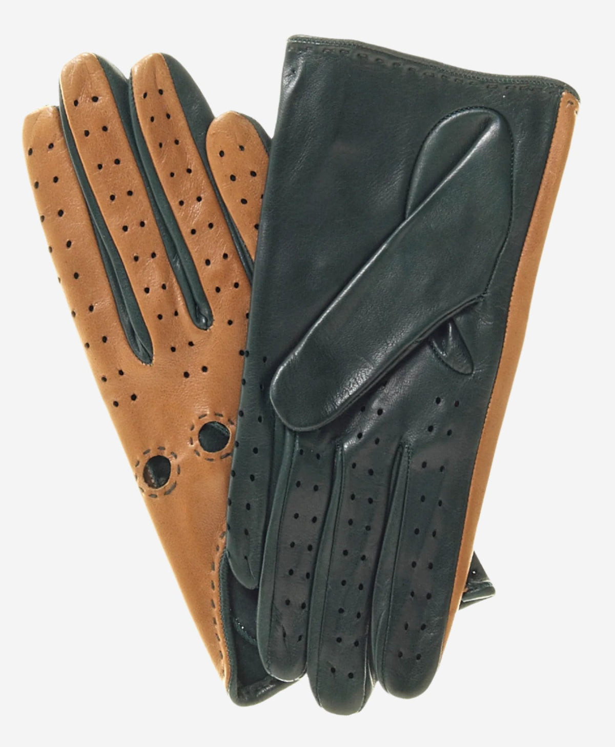 CD4363 (camel/forest) - Women’s two-tone Italian leather driving gloves - Glamourous Grace