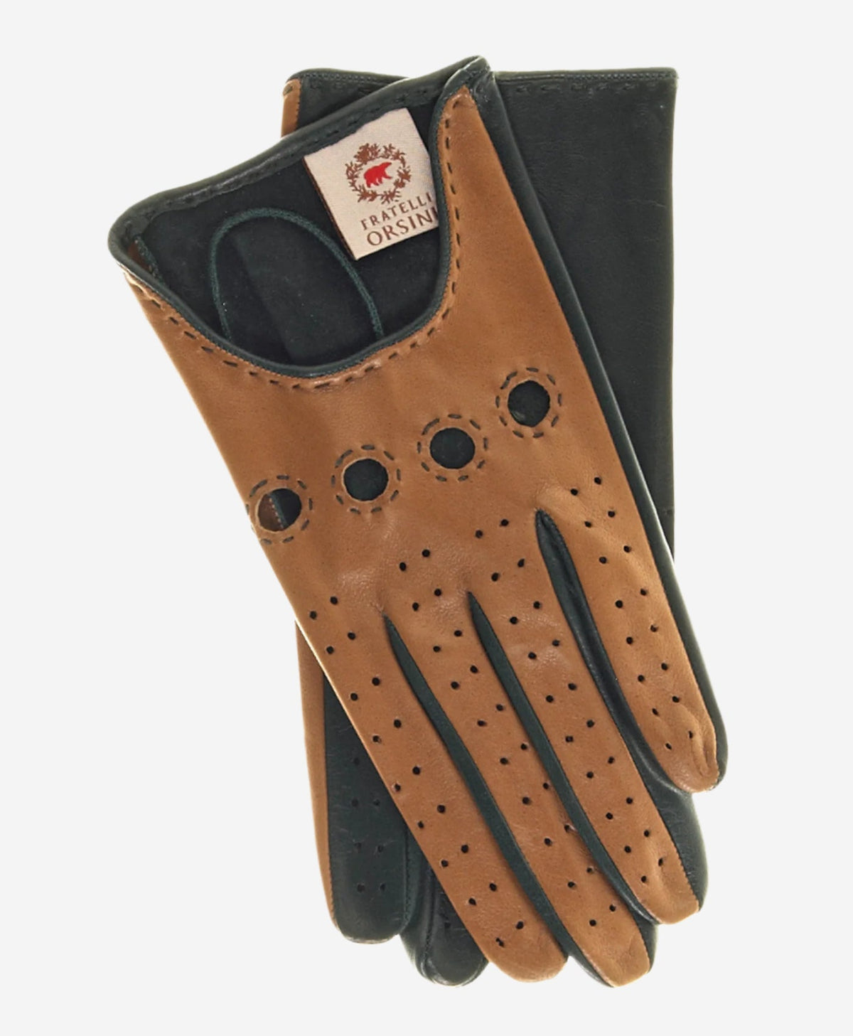 CD4363 (camel/forest) - Women’s two-tone Italian leather driving gloves - Glamourous Grace