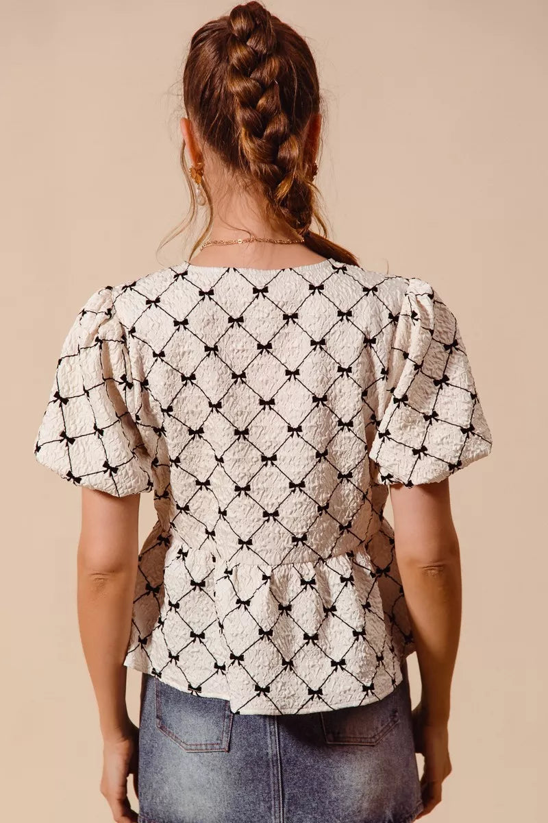 SO ME Bow Texture Woven Peplum Top With Contrast Tie - Glamourous Grace