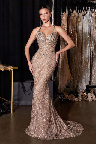 Ladivine CD695 Halter Neck Crystal Sequin Plunging Mermaid Dress