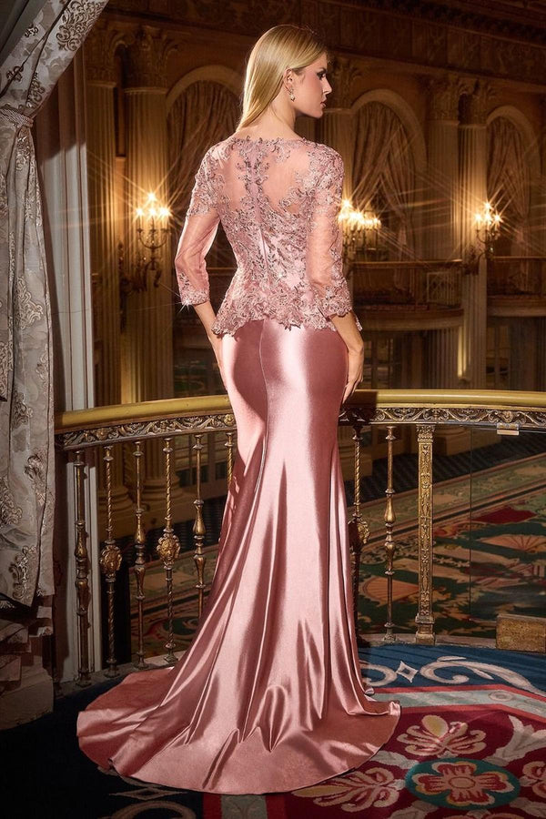 Ladivine CD720 Long Satin 3/4 Sleeve Peplum Bodice Evening Gown - Glamourous Grace