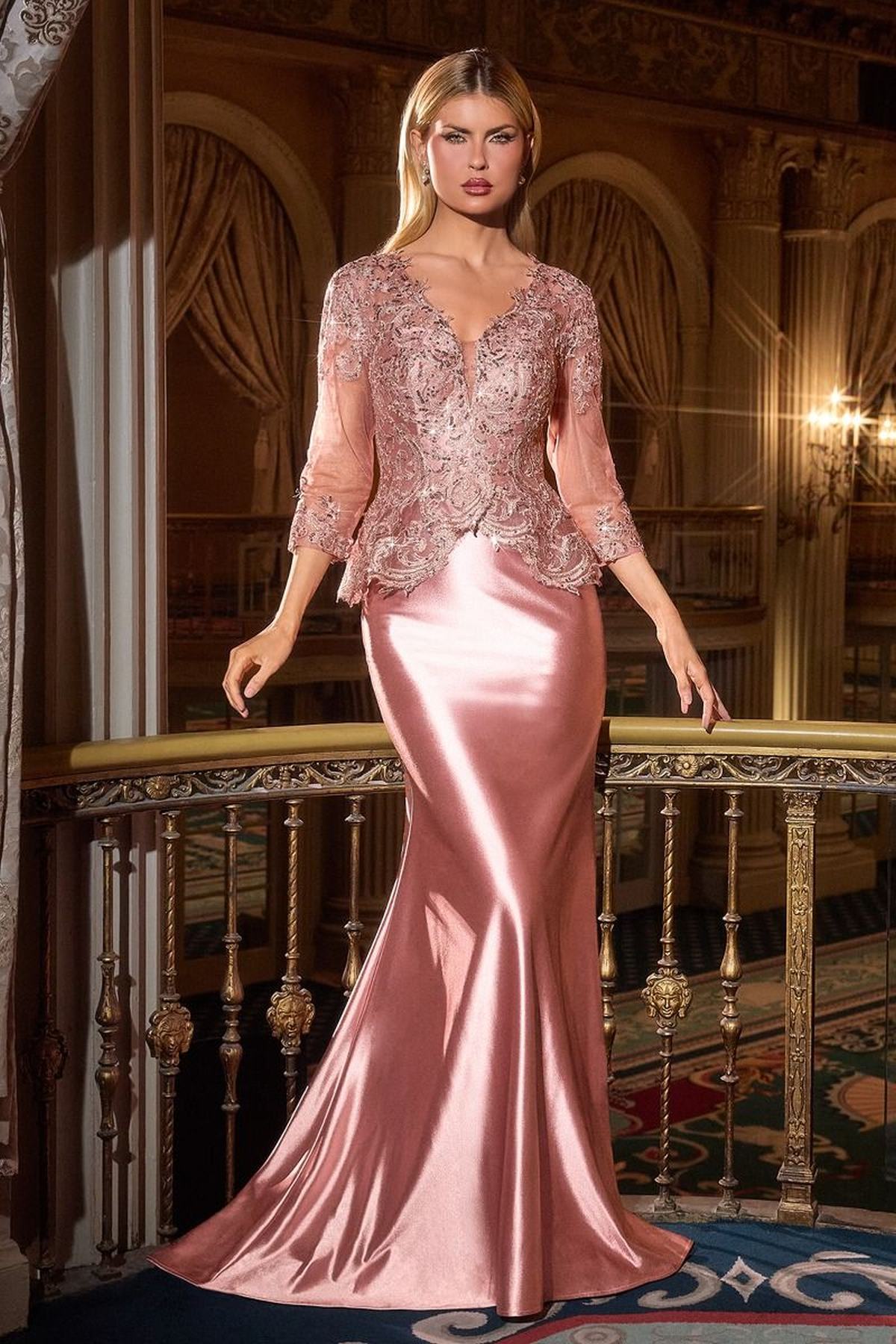 Ladivine CD720 Long Satin 3/4 Sleeve Peplum Bodice Evening Gown - Glamourous Grace