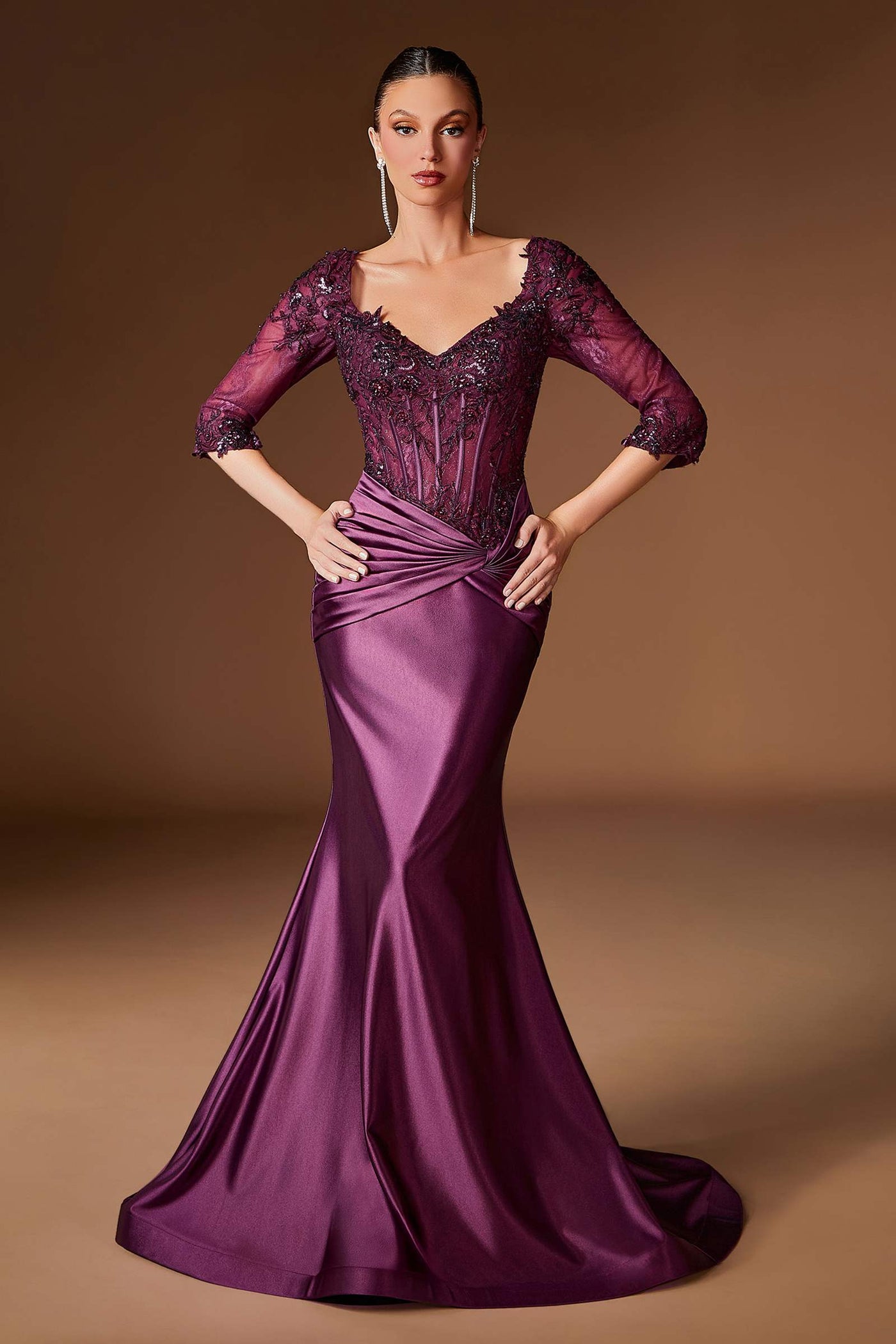 Ladivine CD731 Fitted Embroidered Bodice Stretch Satin Evening Gown - Glamourous Grace