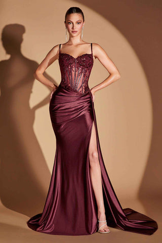 Ladivine CD868 Long Glamorous Lace Detailed Formal Gown Side Sash - Glamourous Grace