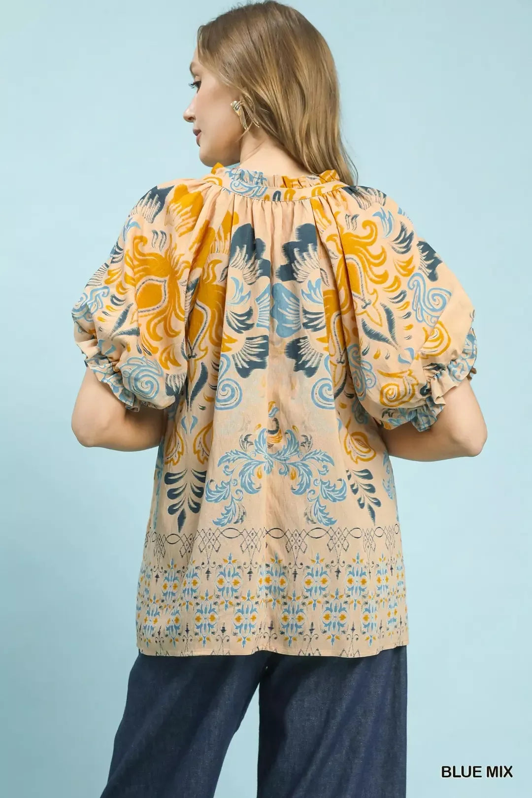 Umgee Border Print Puff Sleeve V-Neck Blouse - Glamourous Grace