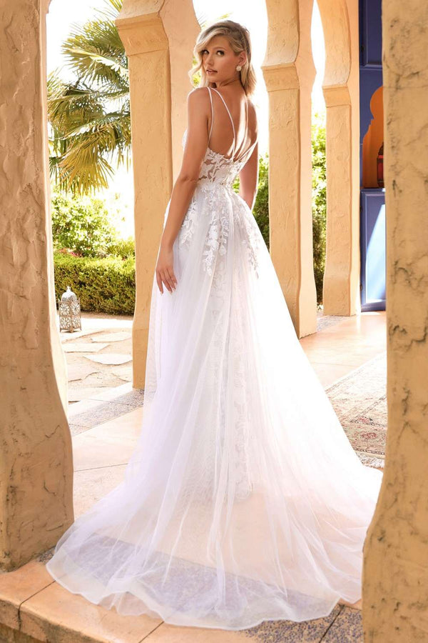 Cinderella Divine CD931W Lace Wedding Gown Sheer Overlay Lace Applique - Glamourous Grace