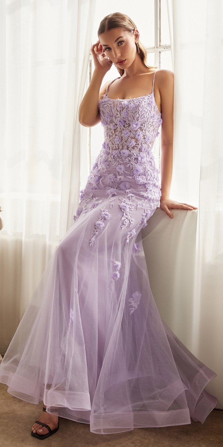 Ladivine CD995 Floor Length Fitted Floral Applique Tulle Gown - Glamourous Grace