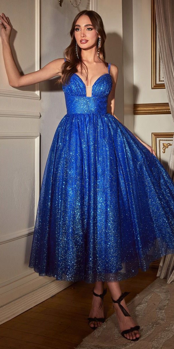 Ladivine CD996T Glitter Flocked Tea Length Dress with Side Pockets - Glamourous Grace