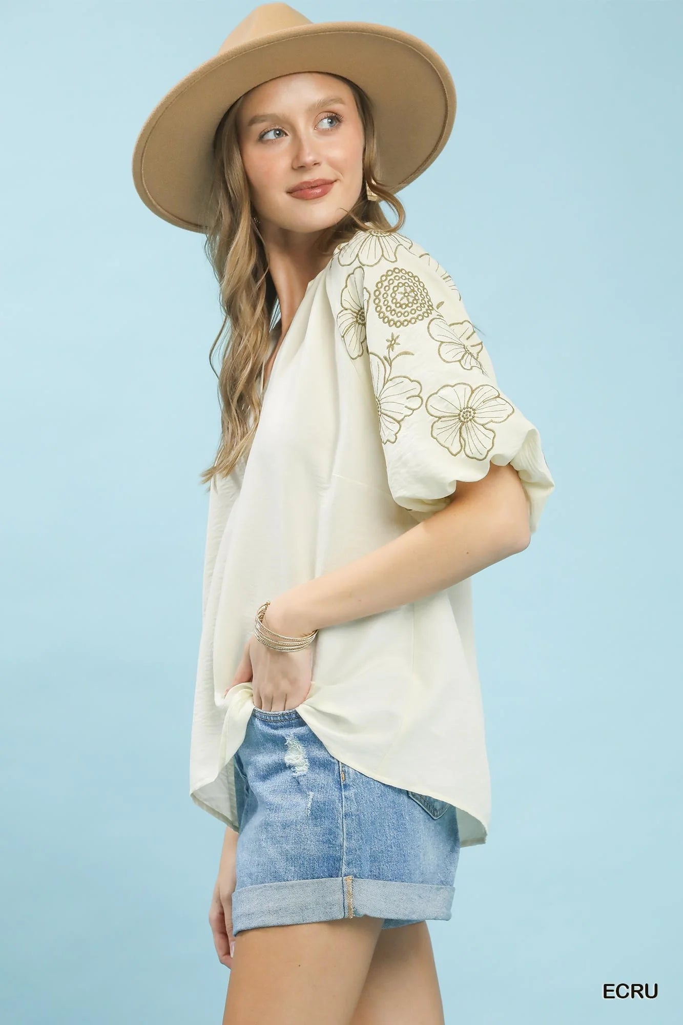 Umgee Embroidered Sleeve V-Neck Boho Blouse - Glamourous Grace