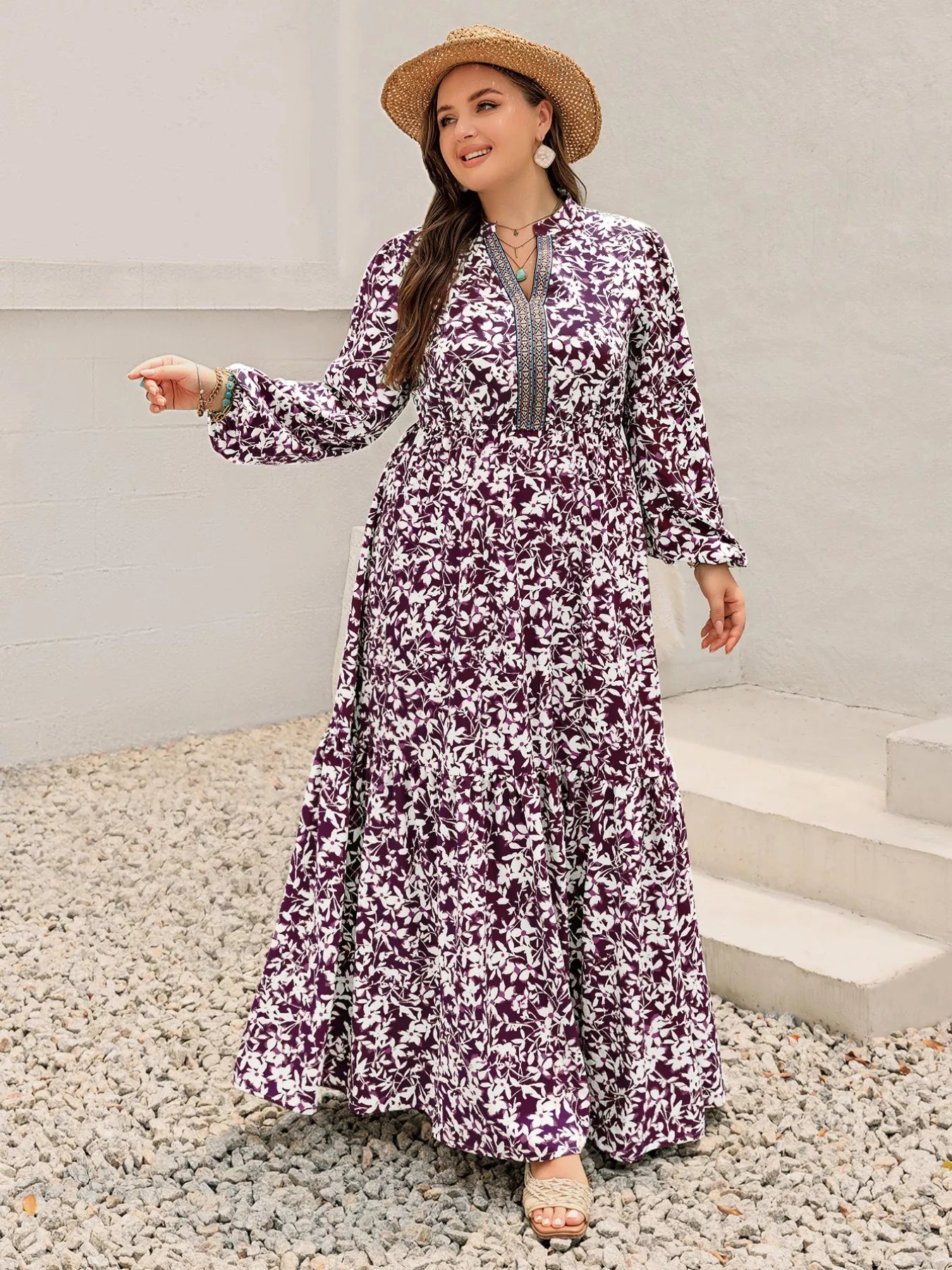 Plus Size Floral Print Maxi Dress with Long Sleeves - Glamourous Grace