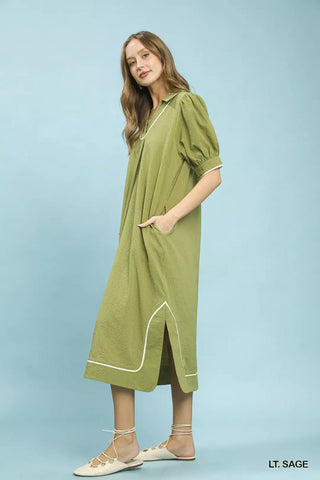Umgee Seersucker Midi Dress with Contrast Trim - Glamourous Grace