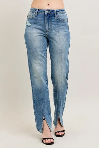 Judy Blue High Waist Vintage Wash Front Seam Slit Straight Leg Denim Jeans