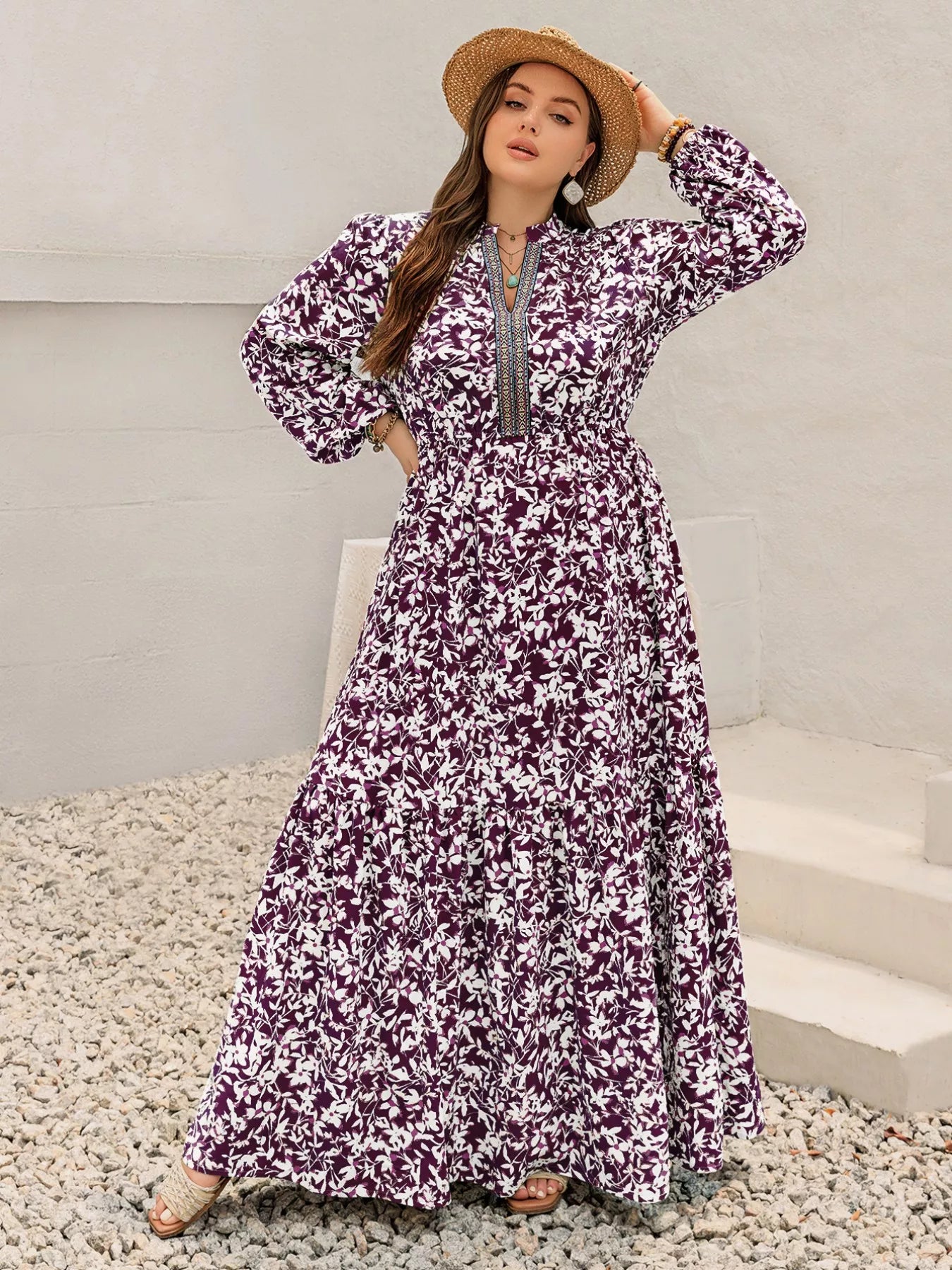 Plus Size Floral Print Maxi Dress with Long Sleeves - Glamourous Grace