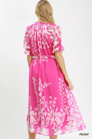 Umgee Floral Print Tie Waist Midi Dress with Side Pockets - Glamourous Grace