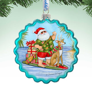 Christmas Decoration - Handblown Glass - Paddle Boarding Santa - Christmas Tree Ornament by Susan Winget - Handmade Gift - Wooden Ornament - 759-115-SW