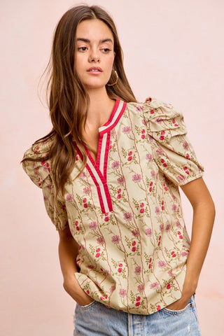 BiBi Floral Gather Sleeves Contrast Neckband Blouse Top - Glamourous Grace
