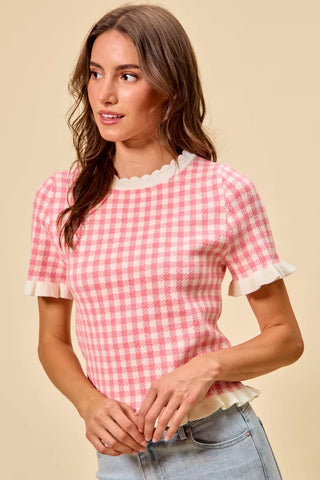 SO ME Gingham Knit Ruffled Short Sleeves Sweater Top - Glamourous Grace