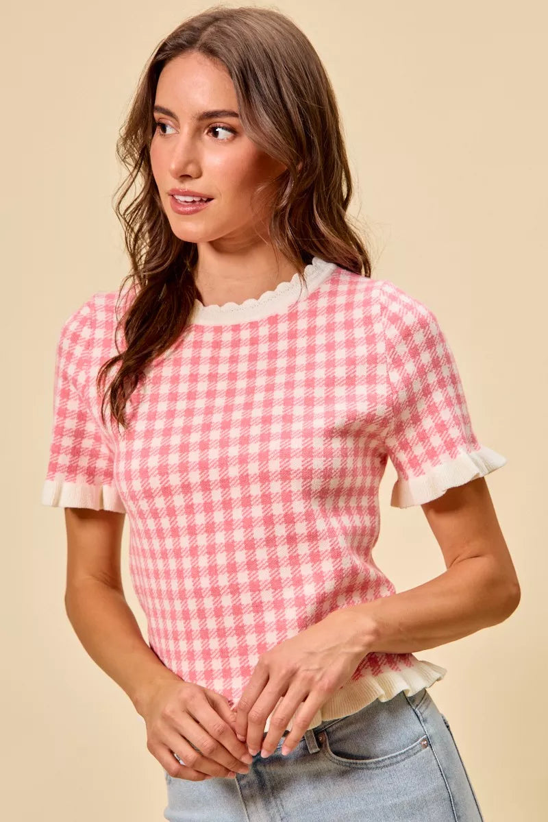 SO ME Gingham Knit Ruffled Short Sleeves Sweater Top - Glamourous Grace