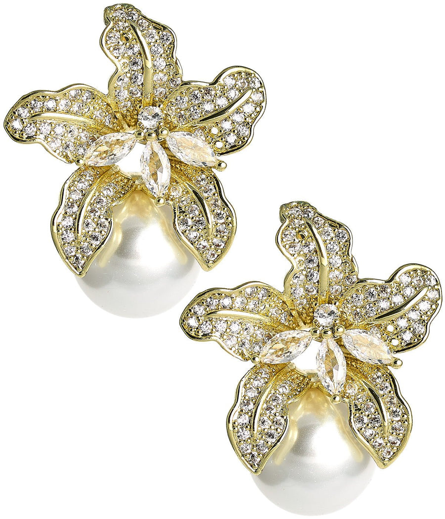 Charlotte Stud Earrings - Rhinestone & Pearl Stud- 18k Gold Plated - Kristin Kennedy Collection - Glamourous Grace