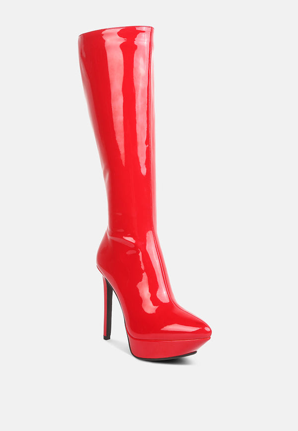 Chatton Patent Stiletto High Heeled Calf Boots - Glamourous Grace