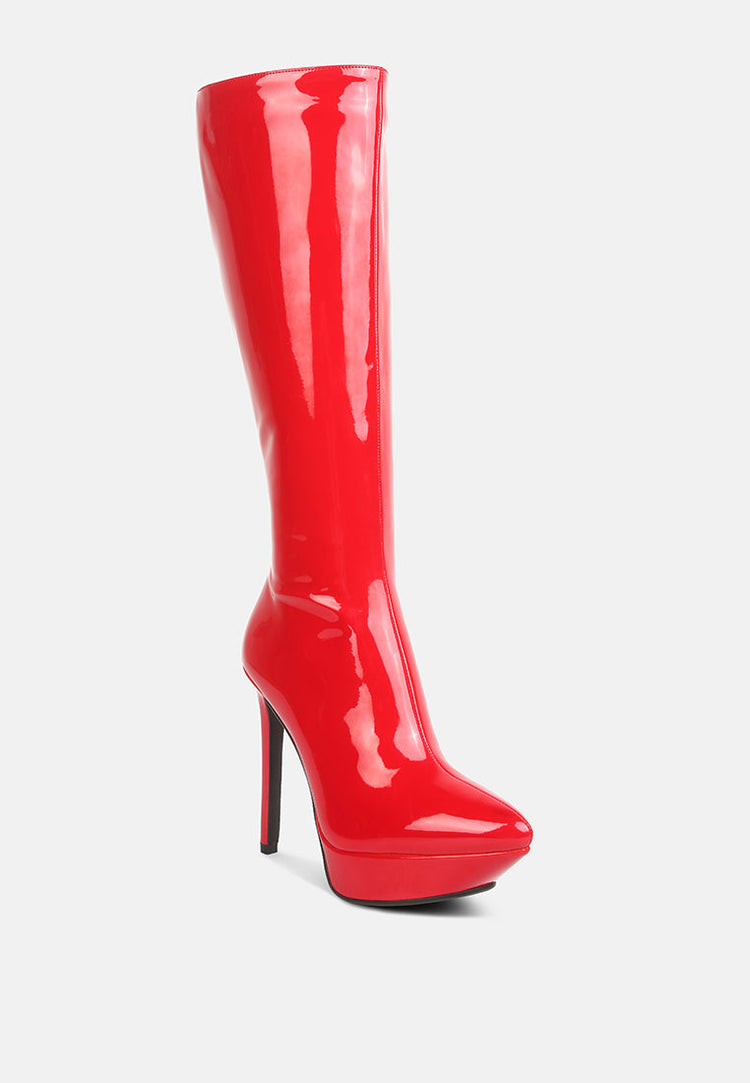 Chatton Patent Stiletto High Heeled Calf Boots - Glamourous Grace