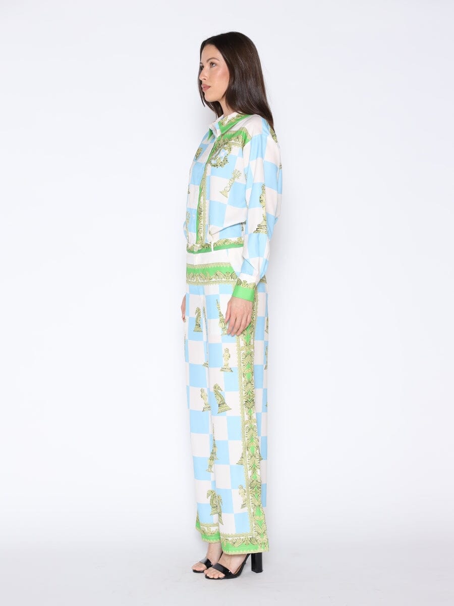 Checkmate Satin Long Sleeve Button Down Shirt - Glamourous Grace