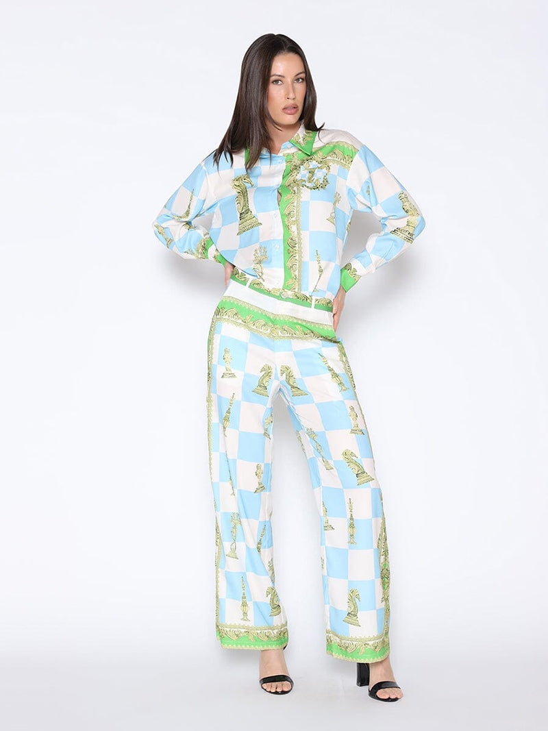 Checkmate Satin Long Sleeve Button Down Shirt - Glamourous Grace