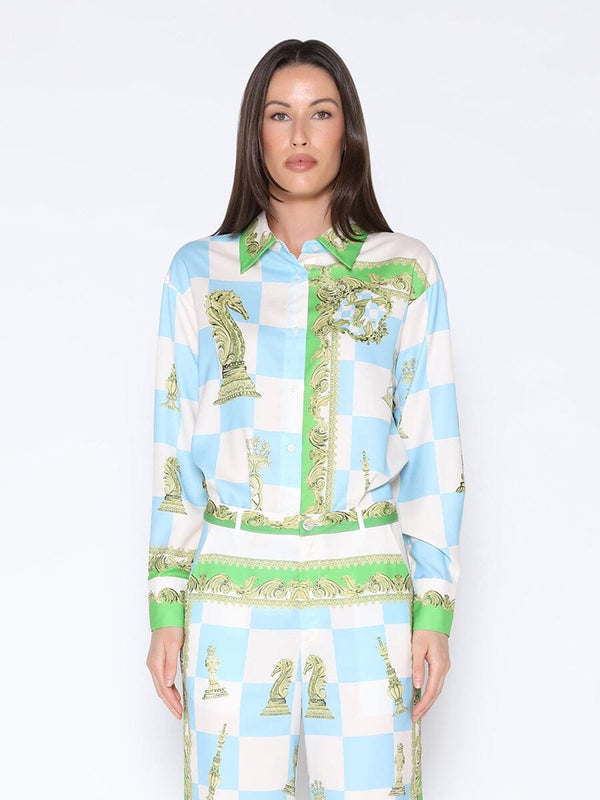 Checkmate Satin Long Sleeve Button Down Shirt - Glamourous Grace
