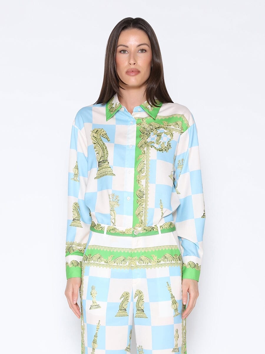 Checkmate Satin Long Sleeve Button Down Shirt - Glamourous Grace