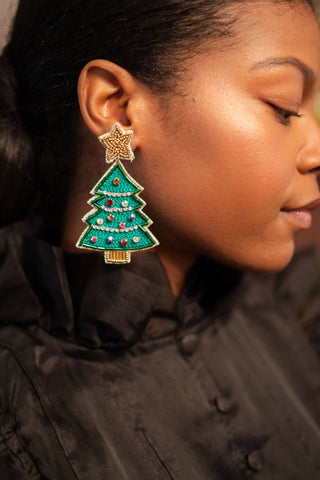 Christmas Tree Beaded Earring  - Gold Star Top - Glamourous Grace