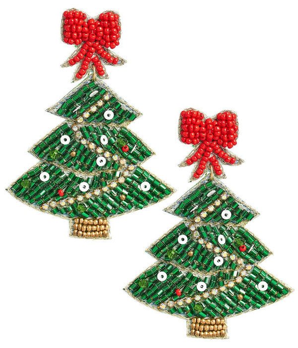 Christmas Tree Beaded Earring - Red Bow Top - Glamourous Grace