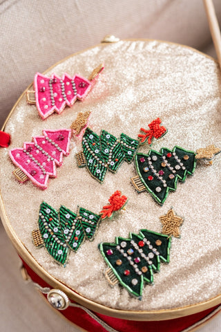 Christmas Tree Beaded Earring - Red Bow Top - Glamourous Grace