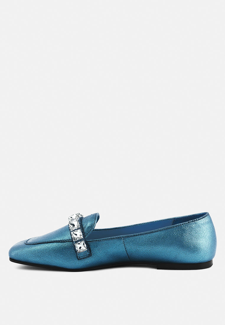 Churros Green Metallic Diamante Leather Loafers - Glamourous Grace