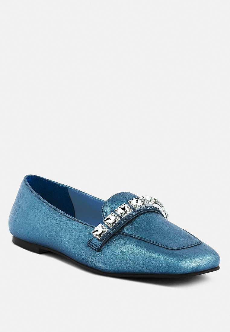 Churros Green Metallic Diamante Leather Loafers - Glamourous Grace