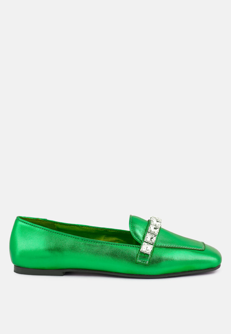 Churros Green Metallic Diamante Leather Loafers - Glamourous Grace