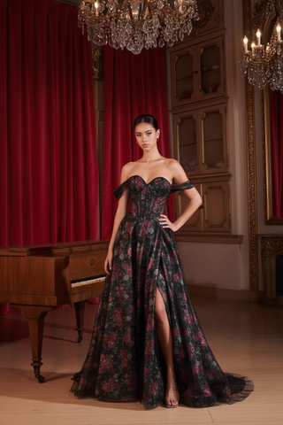 Cinematic Black Floral Gown - Full Body