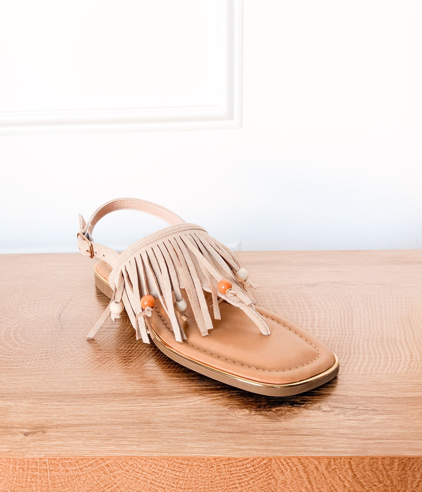 Claremont Fringe Sandal in Beige - Glamourous Grace