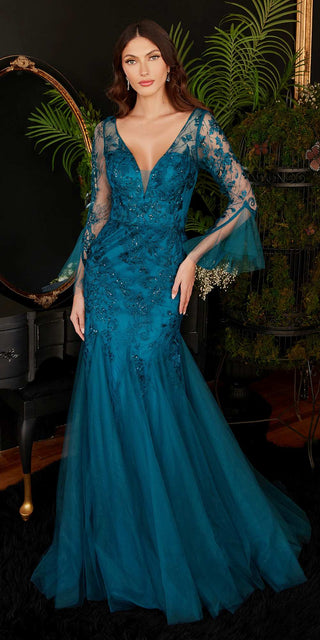 Ladivine CM327 Floor Length Mermaid Gown with Bell Sleeves
